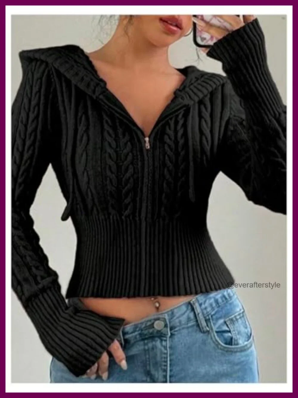 Cropped Cable Knit Cardigan with Drawstring Hood Long Sleeve Zip Up